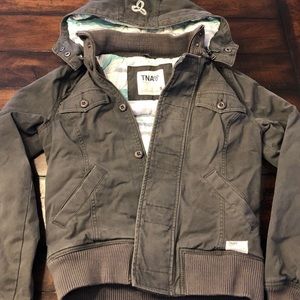 Aritzia TNA hooded canvas bomber jacket- size Small/ color slate